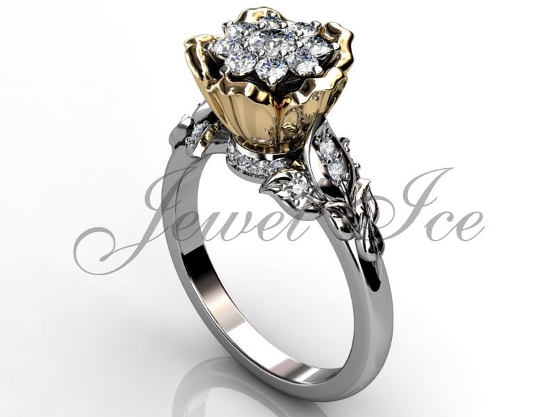 Flower Engagement Ring 14k White and Yellow Gold Diamond Etsy