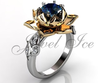 Alexandrite & Diamond Engagement Ring, 14k White and Yellow Gold Lotus Flower Engagement Ring, June Birthstone Ring, Mothers Ring BR-1076-4A