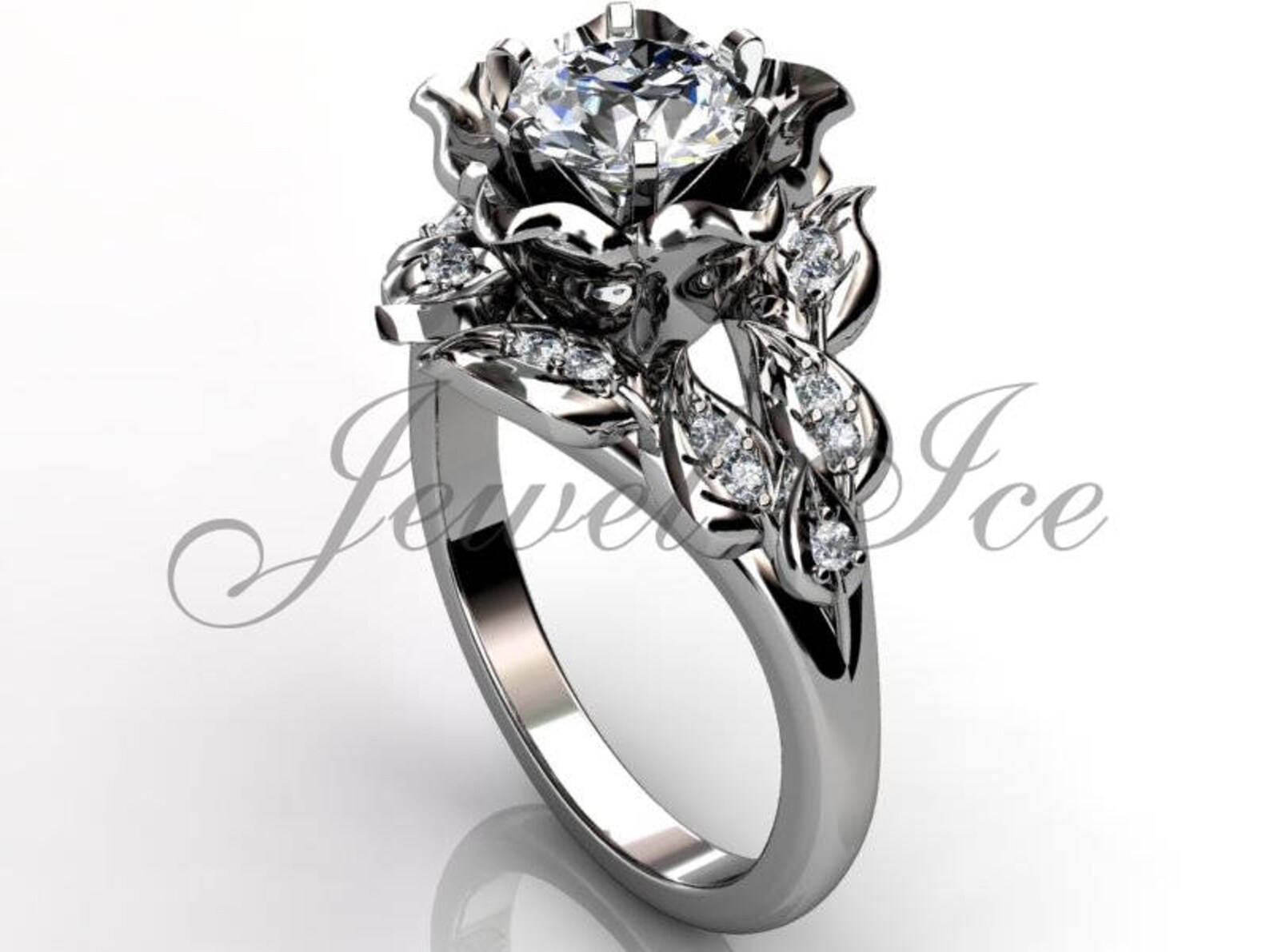 Leaves & Flower Engagement Ring 14k White Gold Diamond Etsy