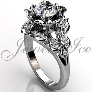 Hojas y anillo de compromiso de flores - 14k Diamante de oro blanco único hoja y flor anillo de compromiso, anillo de boda de hoja, anillo de promesa ER-1058-1