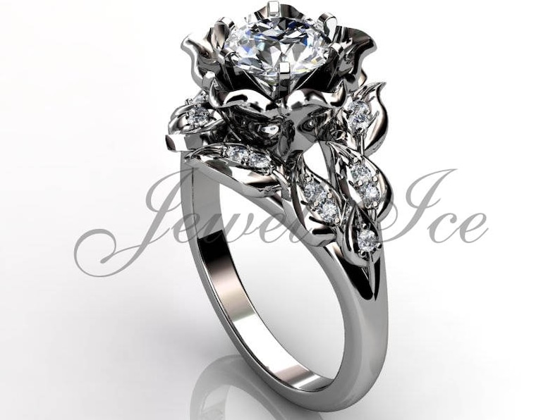 Leaves & Flower Engagement Ring 14k White Gold Diamond Etsy