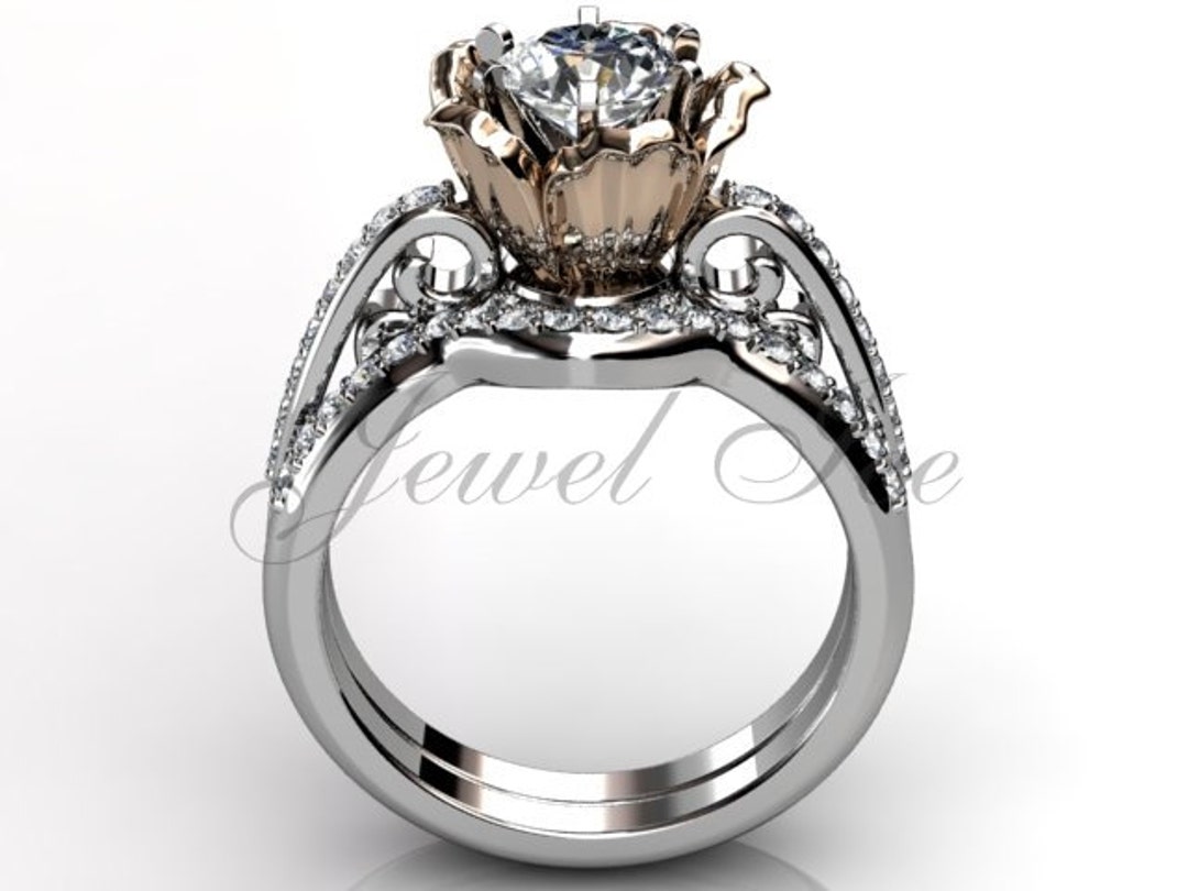 14k Two Tone White and Rose Gold Diamond Unusual Unique Flower