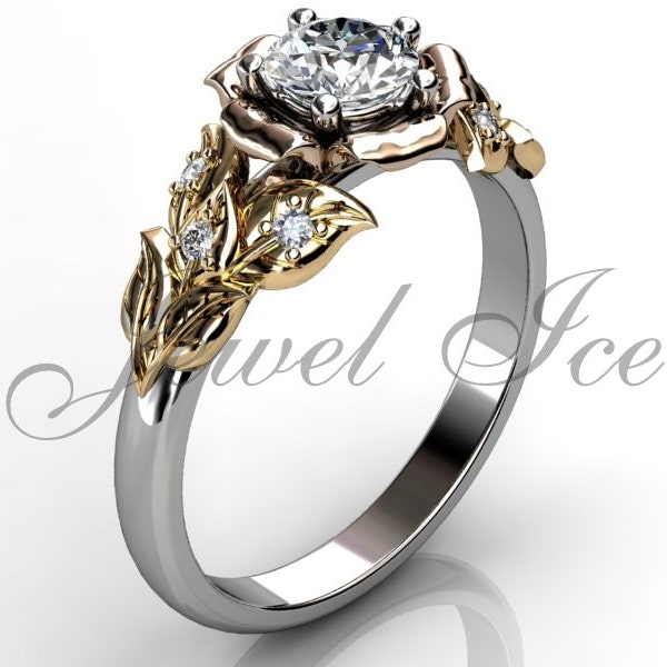 Leaves & Flower Engagement Ring - 14k White, Rose and Yellow Gold Diamond Unique Leaf Flower Engagement Ring, Leaf Wedding Ring ER-1061-8