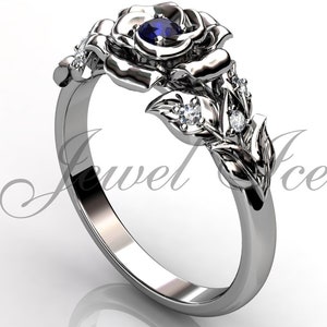 Blue Sapphire Engagement Ring - 14k White Gold Leaf and Flower Blue Sapphire Engagement Ring, Sapphire September Birthstone Ring BR-1059-1S