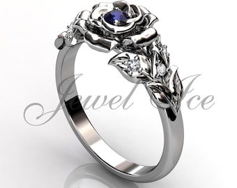 Blue Sapphire Engagement Ring - 14k White Gold Leaf and Flower Blue Sapphire Engagement Ring, Sapphire September Birthstone Ring BR-1059-1S