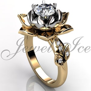 Lotus Moissanite Engagement Ring - 14k Yellow and White Gold Forever Brilliant Moissanite Engagement Ring Lotus Engagement Ring ERMZ-1076-7