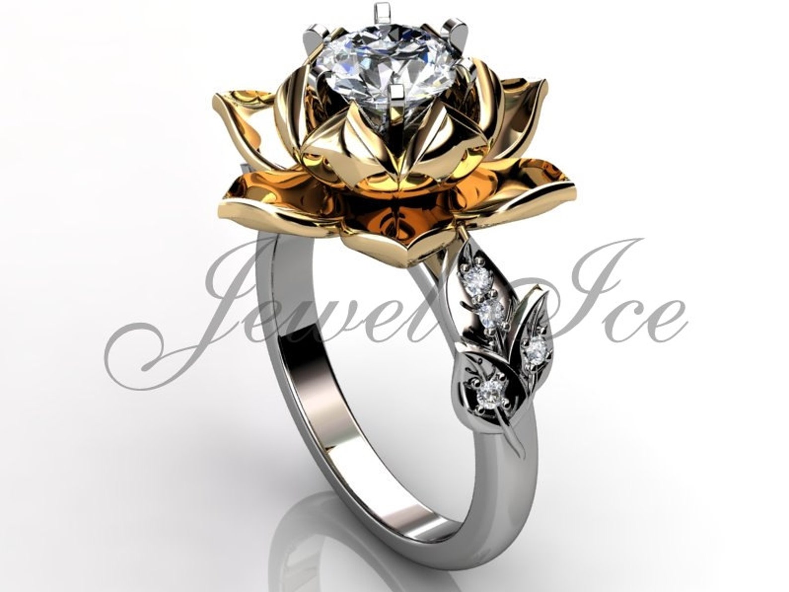 Lotus Flower Engagement Ring 14k White & Yellow Gold Diamond Etsy