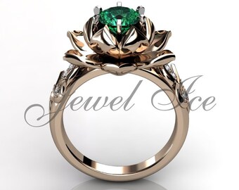 Emerald & Genuine Diamond Engagement Ring, 14k Rose Gold Lotus Flower Engagement Ring, Emerald May Birthstone Ring, Mothers Ring BR-1076-3E