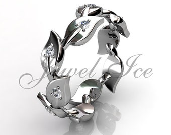 Floral Wedding Band - 14k White Gold Diamond Unusual Unique Leaf and Vine Floral Wedding Band LB-2019-1.