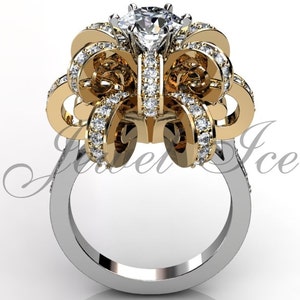 14k White and Yellow Gold Diamond Unique Flower Engagement Ring, Bridal Ring, Wedding Ring, Anniversary Ring, Art Deco Flower Ring ER-1030-4