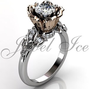 Flower Engagement Ring - 14k White and Rose Gold Diamond Unique Flower Engagement Ring Bridal Ring Wedding Ring Anniversary Ring ER-1080-5