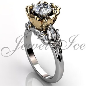 Flower Engagement Ring - 14k White and Yellow Gold Diamond Unique Flower Engagement Ring Bridal Ring Wedding Ring Anniversary Ring ER-1080-4