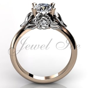 14k rosa de dos tonos y diamante de oro blanco inusual anillo de compromiso floral único, anillo de novia, anillo de bodas ER-1051-6