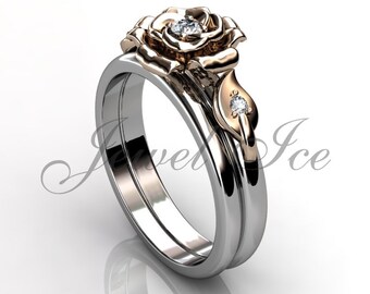 Engagement Ring Set - 14 k weiß und Rotgold Diamant Verlobungsring einzigartige Blume Hochzeit Band Braut gesetzt ER-1127-5