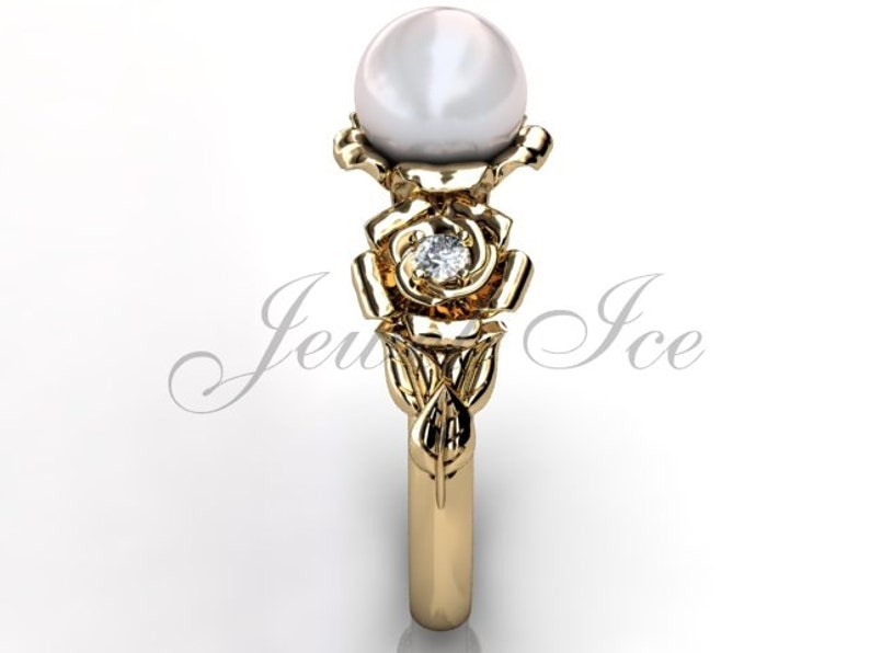 14k yellow gold white pearl diamond unusual unique floral engagement ring, bridal ring, wedding ring ER-1090-2 image 4