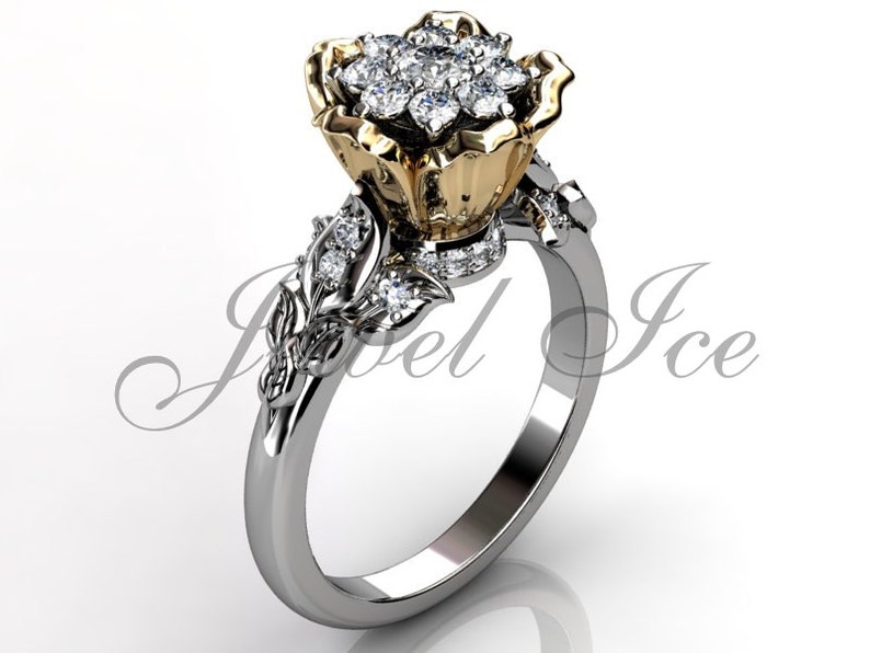 Flower Engagement Ring 14k White and Yellow Gold Diamond Etsy
