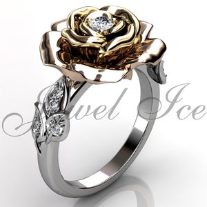 Verzauberte Rose Verlobungsring - 14 k weiß, gelb und Rose Gold Diamant Blume Verlobungsring, Blume Ehering, Versprechen Ring ER-1146-8