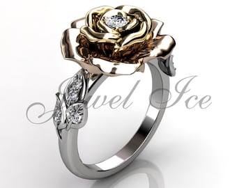 Enchanted Rose Engagement Ring - 14k White, Yellow and Rose Gold Diamond Flower Engagement Ring, Flower Wedding Ring, Promise Ring ER-1146-8