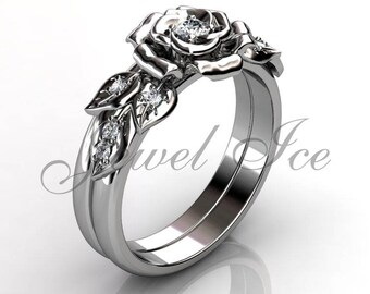 Engagement Ring Set - 14k White Gold Diamond Unique Flower Wedding Band Engagement Ring Set, Bridal Set, Anniversary Ring Set ER-1140-1