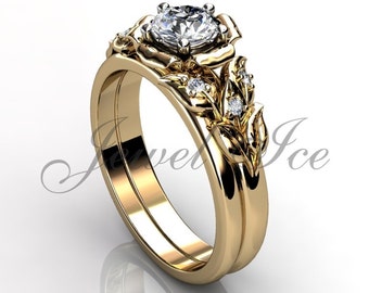 14k yellow gold diamond unusual unique flower engagement ring, wedding ring, flower engagement set ER-1066-2