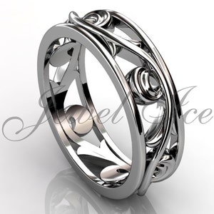 Floral Wedding Band - Platinum Unusual Unique Art Deco Leaf and Vine Floral Wedding Band LB-2029