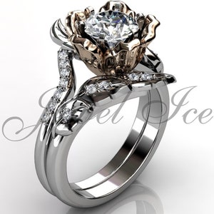 14k two tone white and rose gold diamond unusual unique flower engagement ring, bridal ring, wedding ring, flower engagement set ER-1083-5