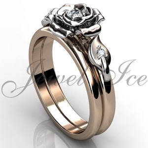 Engagement Ring Set - 14k Rose and White Gold Diamond Unique Flower Wedding Band Engagement Ring Set Bridal Set ER-1127-6