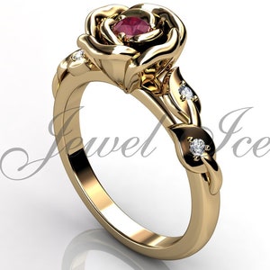 Ruby Ring - 14k Yellow Gold Beauty and the Beast Rose Flower Ring, Enchanted Rose Flower Ring, Ruby Stone July Birthstone Ring, BR-1110-2R