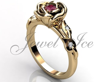 Ruby Ring - 14k Yellow Gold Beauty and the Beast Rose Flower Ring, Enchanted Rose Flower Ring, Ruby Stone July Birthstone Ring, BR-1110-2R