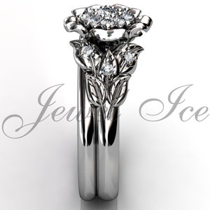 14k white gold diamond unusual unique flower engagement ring, bridal ring, wedding ring, flower engagement set ER-1092-1