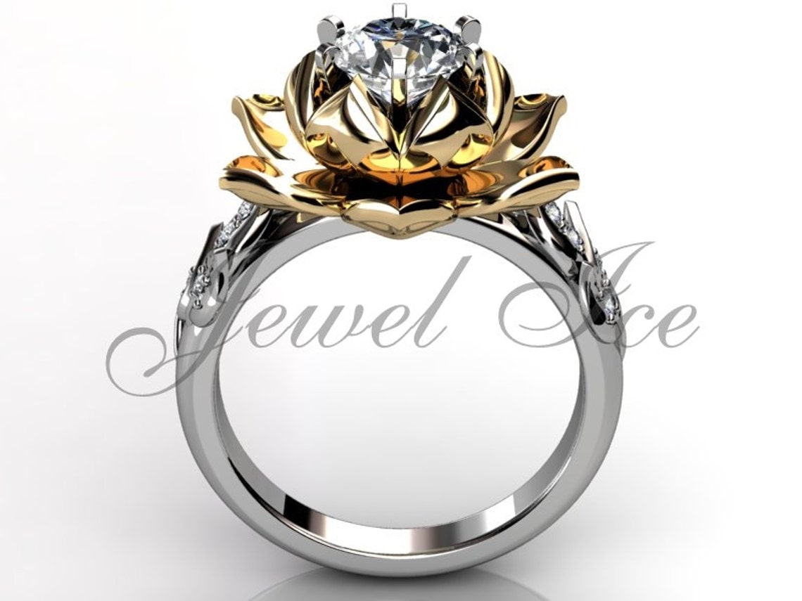 Lotus Flower Engagement Ring 14k White & Yellow Gold Diamond Etsy