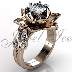 Lotus Flower Engagement Set - 14k Rose Gold Diamond Unique Lotus Flower Engagement Ring Wedding Ring Flower Engagement Set  ER-1085-3