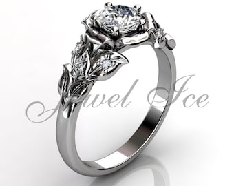 Leaves & Flower Engagement Ring - 14k White Gold Diamond Unique Leaf and Vine Engagement Ring, Leaf and Flower Wedding Ring ER-1061-1