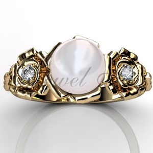 14k yellow gold white pearl diamond unusual unique floral engagement ring, bridal ring, wedding ring ER-1090-2 image 3