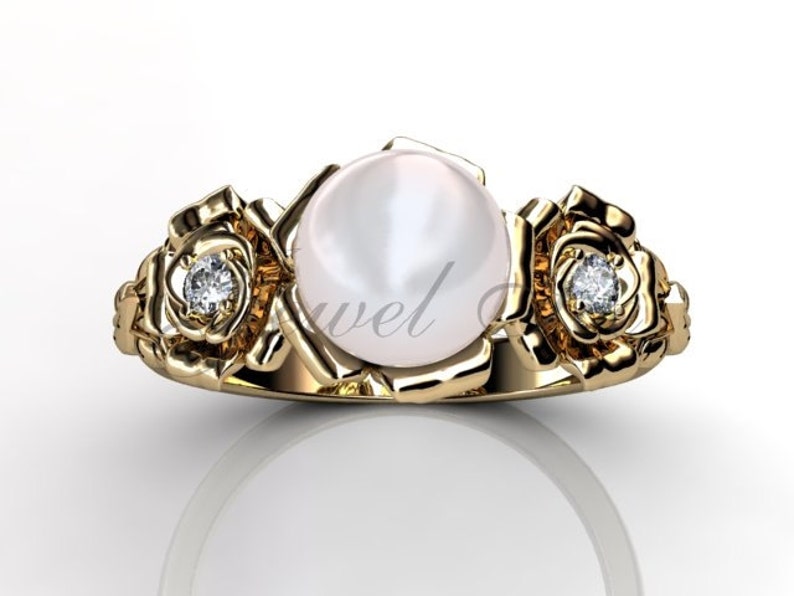 14k yellow gold white pearl diamond unusual unique floral engagement ring, bridal ring, wedding ring ER-1090-2 image 3