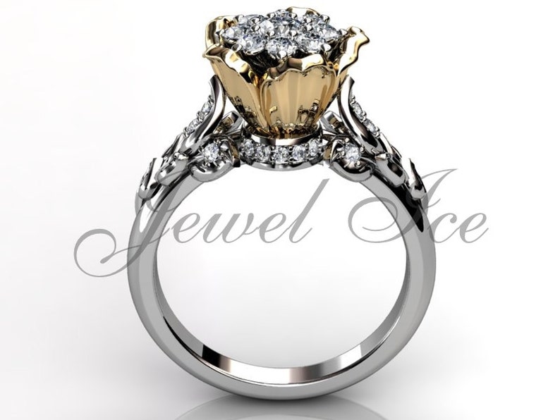 Flower Engagement Ring 14k White and Yellow Gold Diamond Etsy