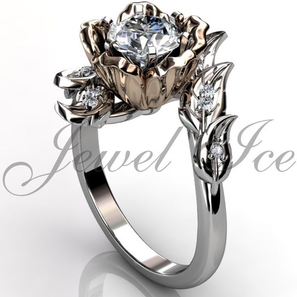 Leaf & Flower Engagement Ring - 14k White and Rose Gold Diamond Leaves Flower Engagement Ring, Floral Wedding Ring, Promise Ring ER-1071-5