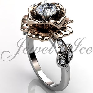 14k White and Rose Gold Diamond Unique Rose Flower Engagement Ring, Floral Engagement Ring, Art Deco Ring, Promise Ring for Her ER-1032-5 image 2