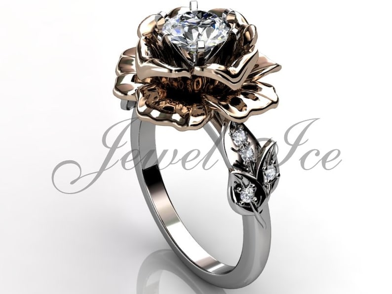 14k White and Rose Gold Diamond Unique Rose Flower Engagement Ring, Floral Engagement Ring, Art Deco Ring, Promise Ring for Her ER-1032-5 image 2