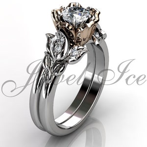 Engagement Ring Set - 14k White and Rose Gold Diamond Unique Flower Wedding Band Engagement Ring Set Bridal Set ER-1120-5