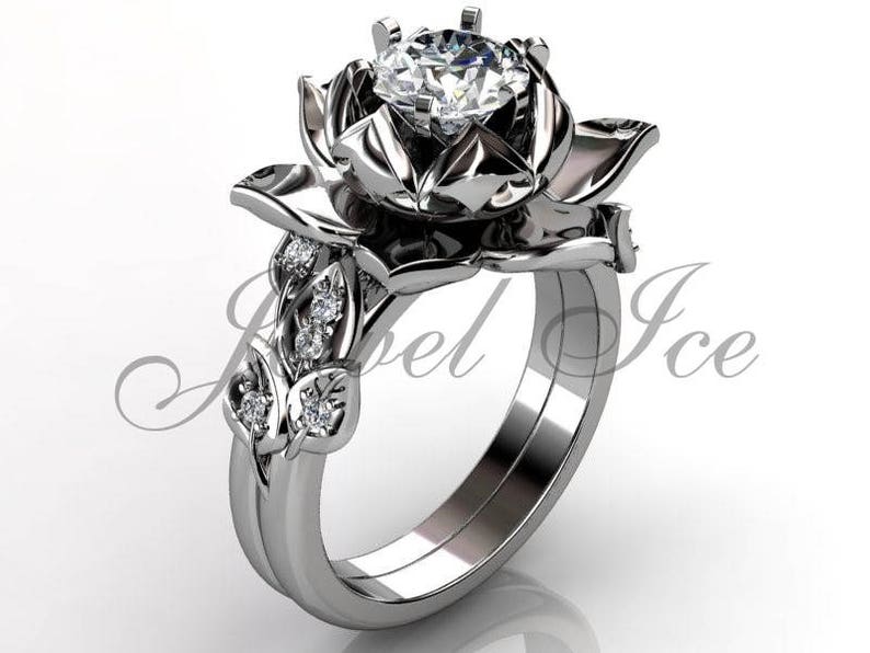 Lotus Flower Engagement Set 14k White Gold Diamond Unique Lotus Flower Engagement Ring Wedding Ring Flower Engagement Set ER-1085-1 image 5