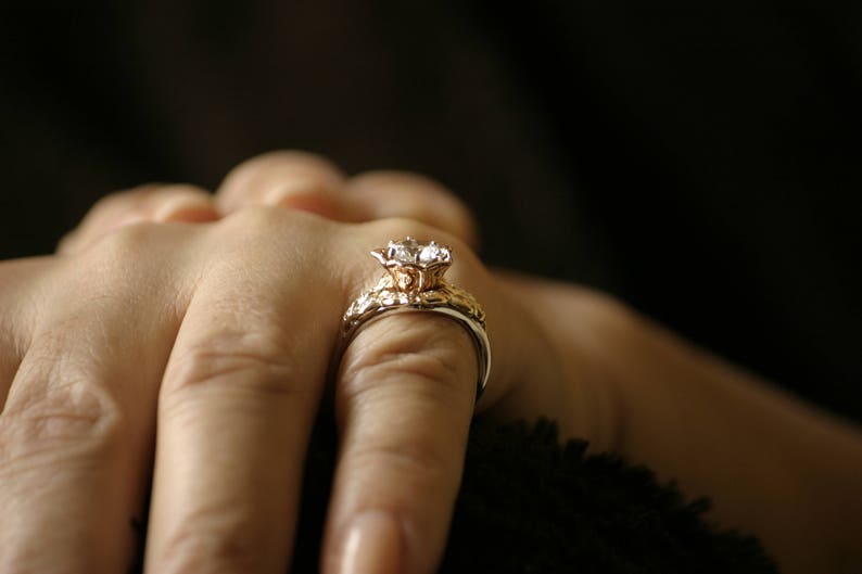 Moissanite Engagement Ring 14k White Rose and Yellow Gold Forever One Moissanite Diamond Flower Engagement Ring, Wedding Ring ERMZ-1058-8 image 8