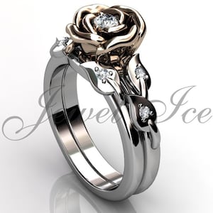 Conjunto de anillo de compromiso - 14k blanco y oro rosa diamante único flor alianza alianza alianza anillo de aniversario anillo ER-1119-5