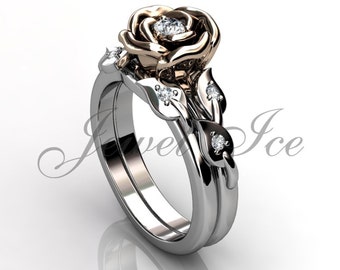 Verlobungsring Set - 14 k weiß und Rose Gold Diamant einzigartige Blume Hochzeit Band Verlobungsring Set Jahrestag Ring Set ER-1119-5