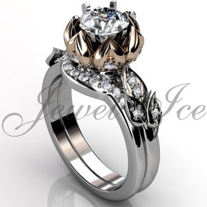 Lotus Flower Engagement Set - 14k two tone white and rose gold diamond unique flower engagement ring, bridal set, wedding ring ER-1109-5