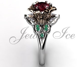 Ruby Emerald &Diamond Verlovingsring, 14k Wit en Roségoud Uniek Blad en Bloem Verlovingsring Ruby Juli Birthstone Ring BR-1058-7Rb