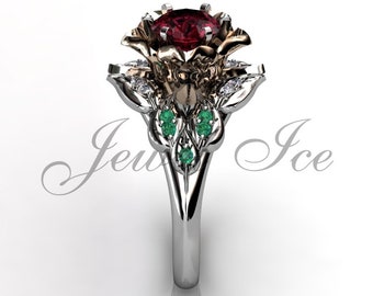 Rubin Smaragd & Diamant Verlobungsring, 14k Weiß und Roségold Unikat Blatt und Blume Verlobungsring Rubin Juli Geburtsstein Ring BR-1058-7Rb