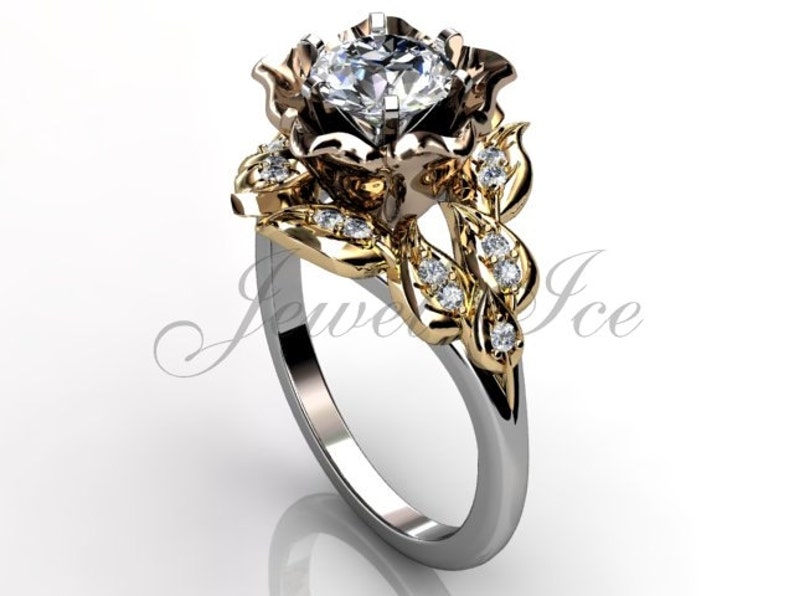 Moissanite Engagement Ring 14k White Rose and Yellow Gold Forever One Moissanite Diamond Flower Engagement Ring, Wedding Ring ERMZ-1058-8 image 1