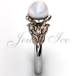 14k two tone white and rose gold pearl diamond unusual unique floral engagement ring, bridal ring, wedding ring ER-1067-5