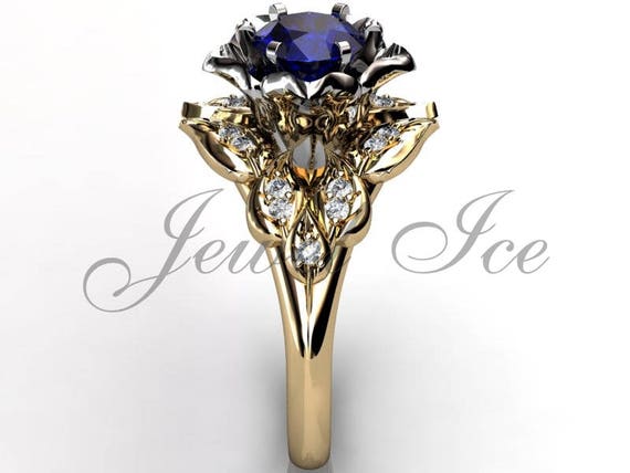 ブルーサファイア＆ダイヤモンドエンゲージリング、14Kイエロー